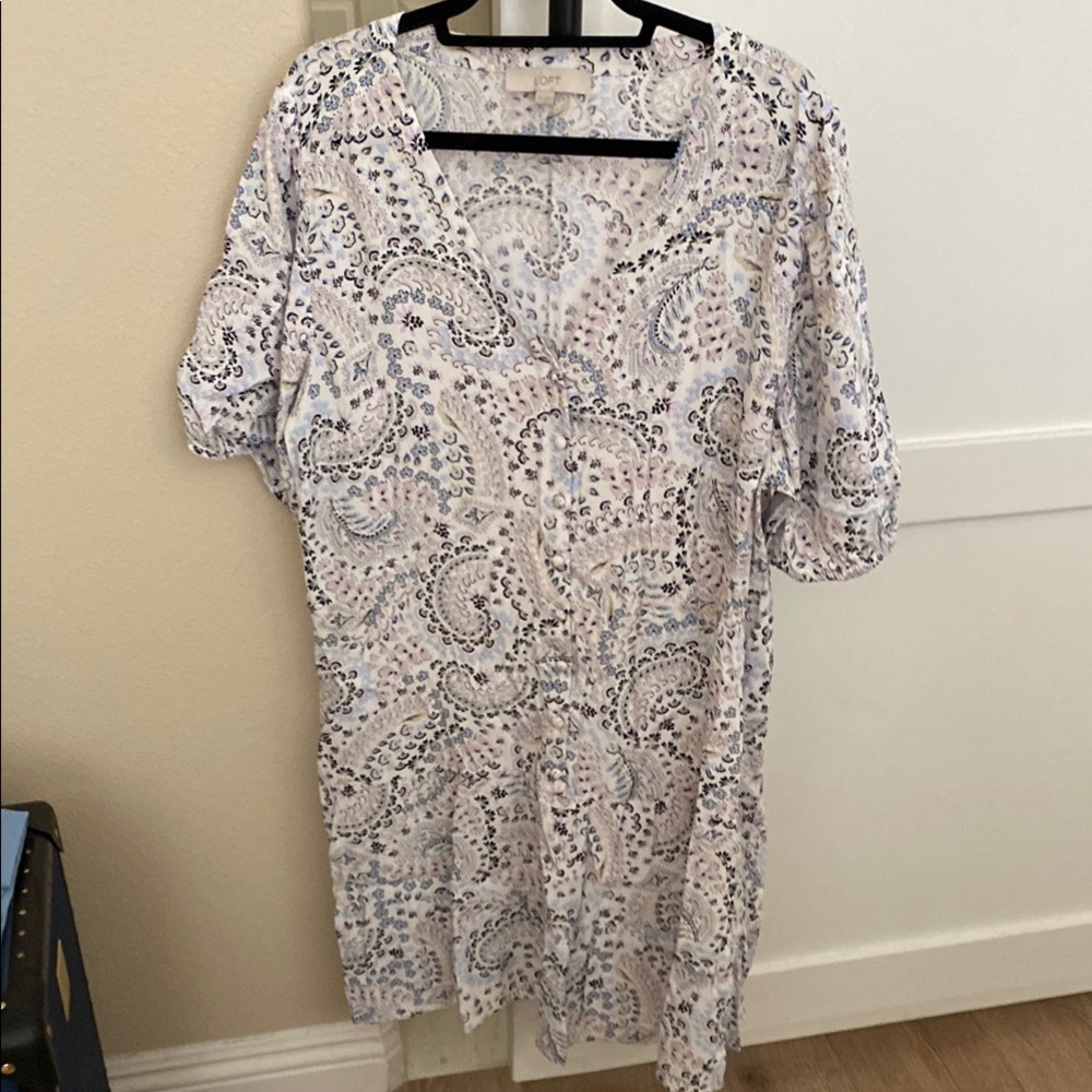 LOFT White and Blue Patterned Dress